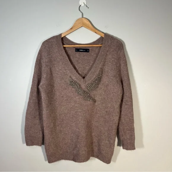 Zara Alpaca Blend Pink Diamanté Beaded Sparkle V Neck Sweater Medium - Picture 2 of 6